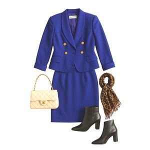 Albert Nipon‎ Cobalt Blue Skirt Suit Set Gold Buttons Vintage Career sz 8P